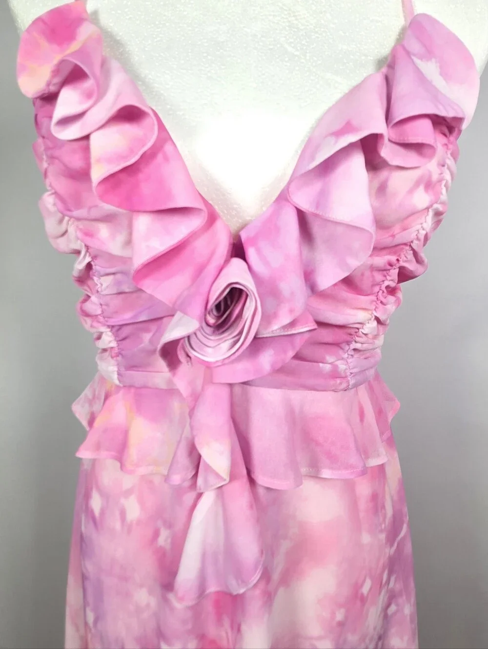 Tularosa Pink Tie Dye Ruffle High Low Midi Dress‎ Strappy L